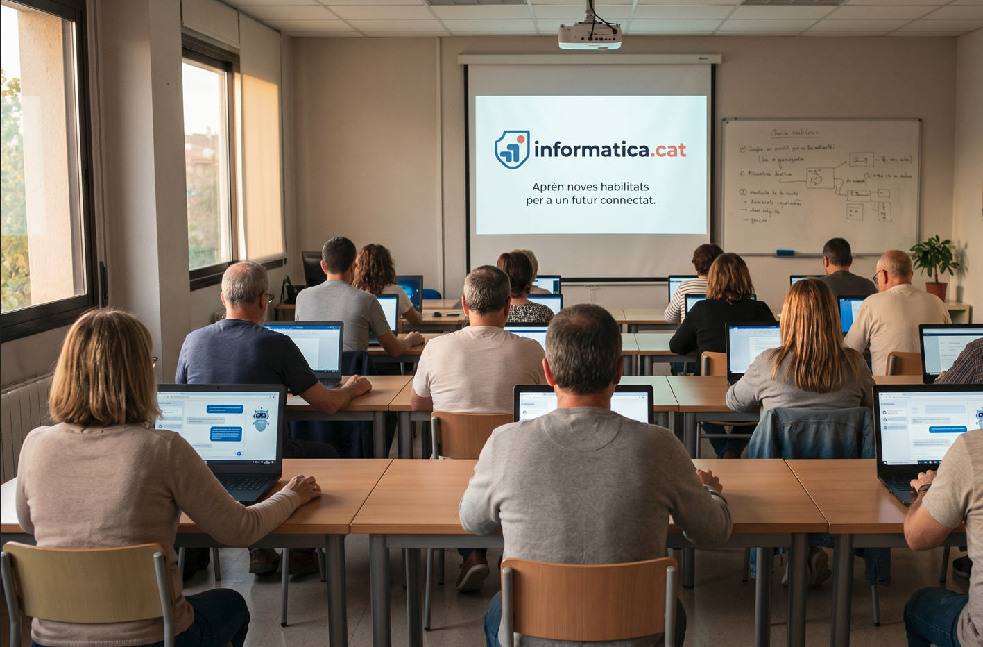 Aula de formació digital per a persones adultes amb diversos alumnes treballant amb ordinadors portàtils