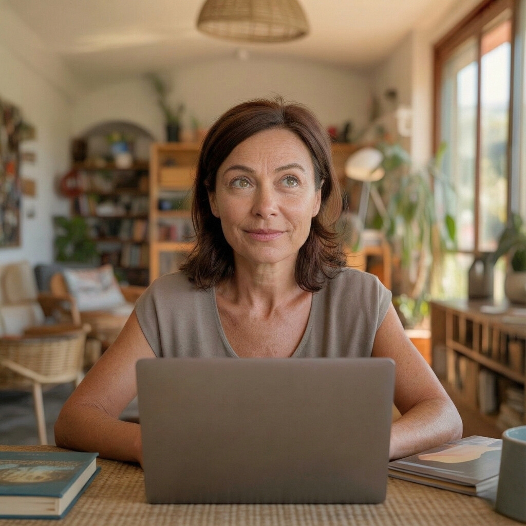 Dona adulta treballant amb un portàtil a casa, aprenent tecnologia amb calma i confiança
