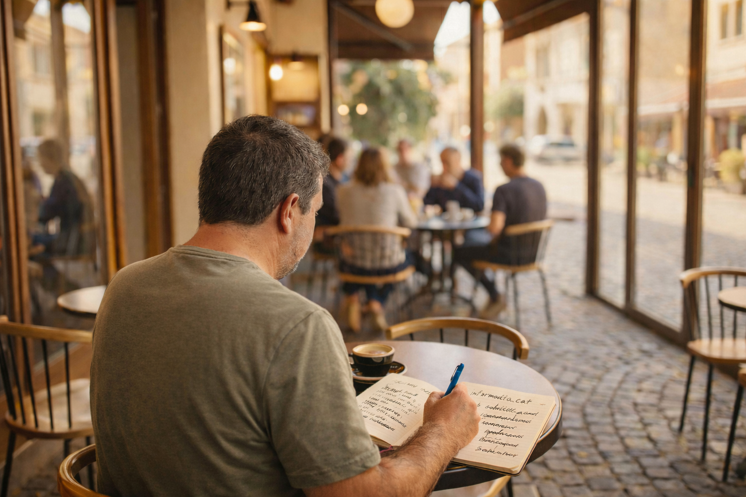Home escrivint idees a mà en una llibreta en una cafeteria de Vilafranca del Penedès, en el procés de creació d’informatica.cat