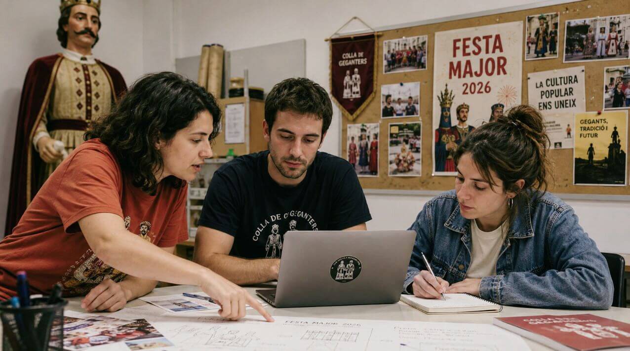 Joves d'una colla de geganters reunits al local de l'entitat treballant amb un portàtil i papers per preparar la festa major