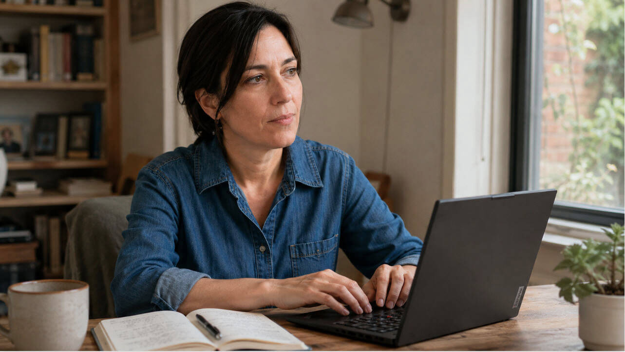 Dona de mig adult treballant amb un portàtil des de casa mentre aprèn intel·ligència artificial